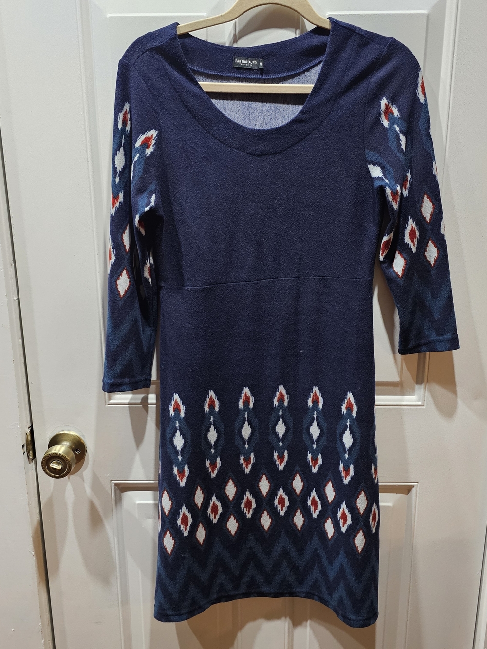 EARTHBOUND Trading Navy Blue Southwestern Ikat Knit Dress Medium 3/4 Sleeve